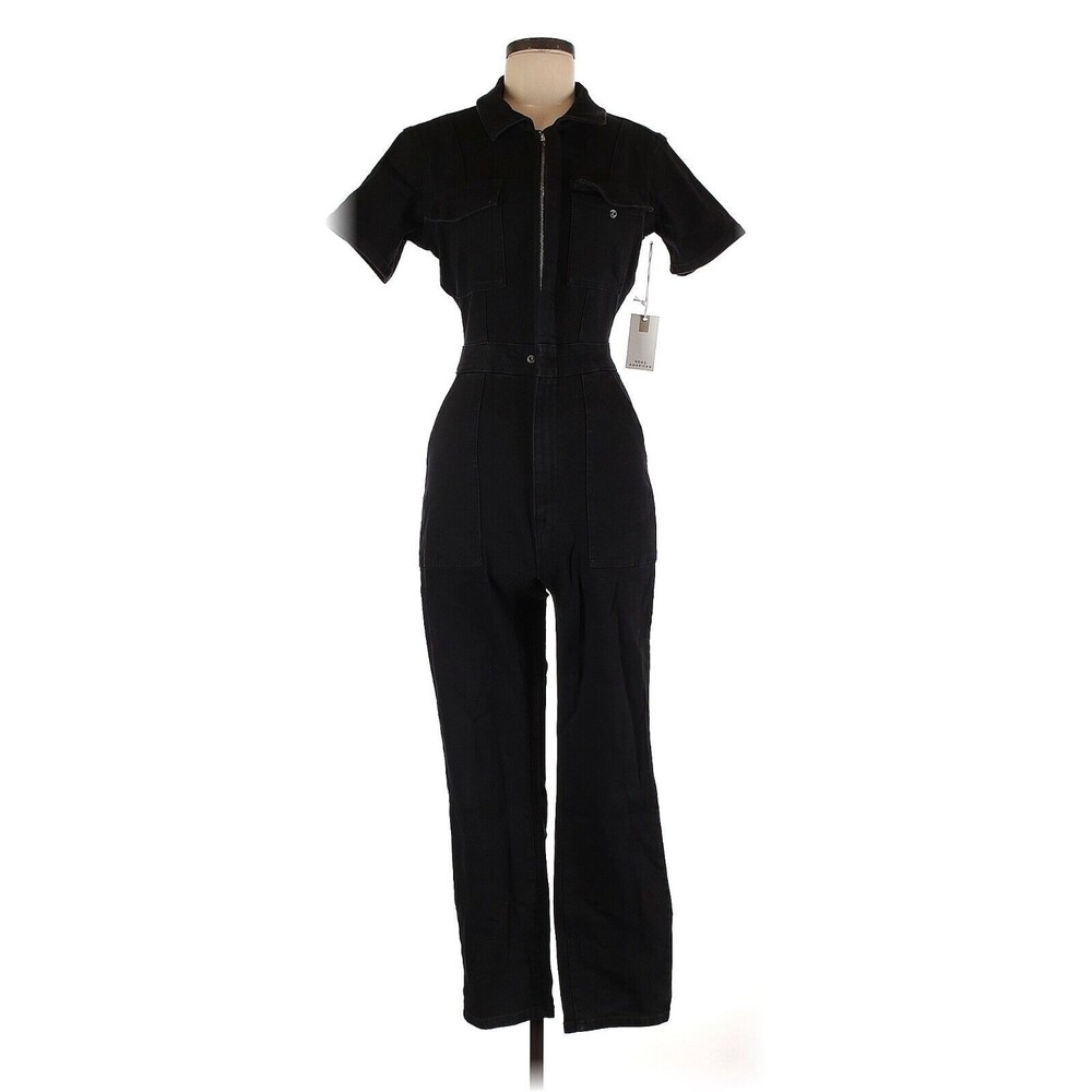 GOOD AMERICAN Solid Black Long Denim Jumpsuit - 2 (Medium)